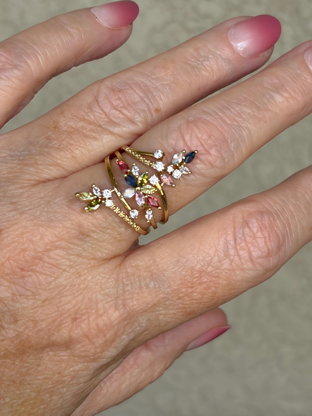 Sparkling Gold Plated Multi-Stone Floral Ring